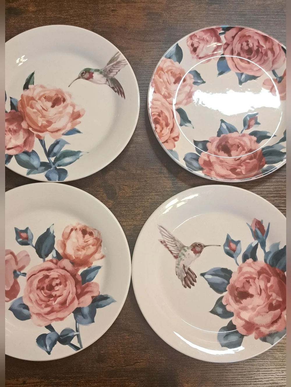 Set-4 Pier 1 Roses and Hummingbird  Ironstone Salad Luncheon Plates Nice! Read